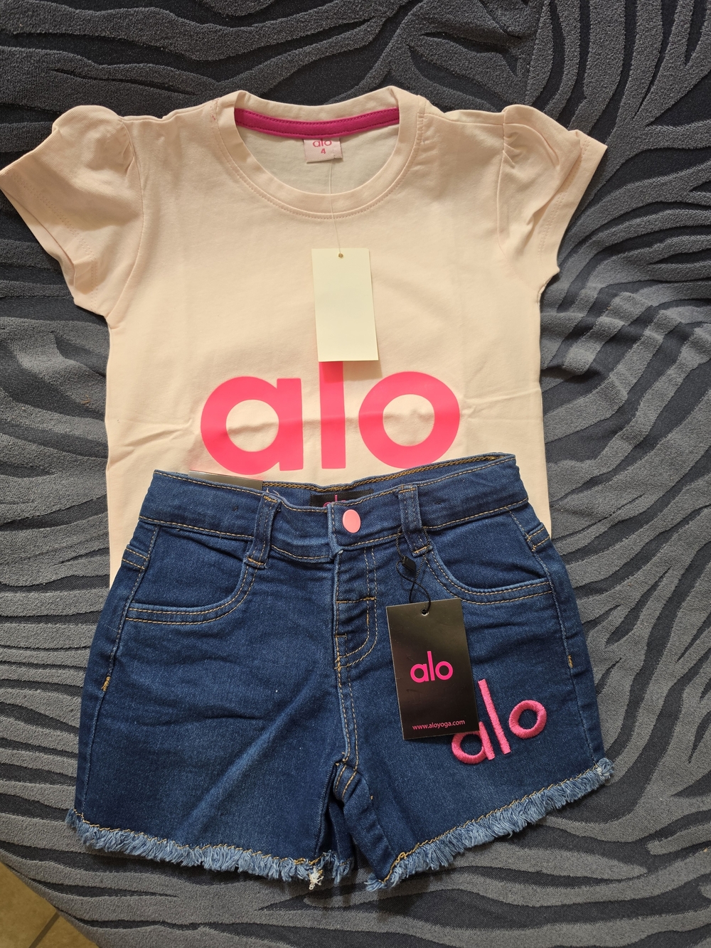 ALO Yoga Girls Light Pink Logo Tee with Denim Shorts Set
